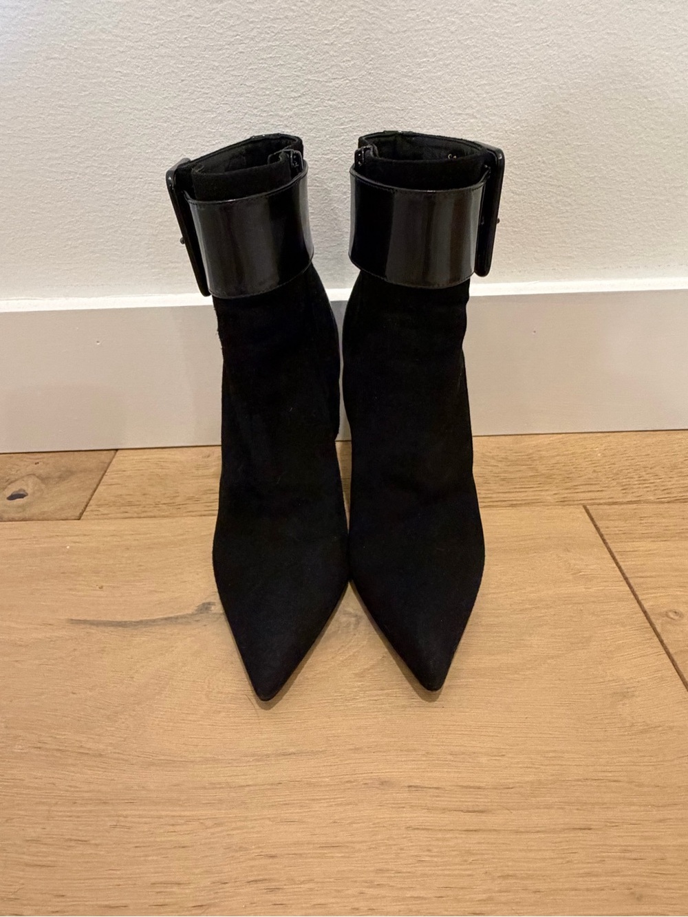 YSL - saint Laurent suede Black Pointed Toe Ankle Boots with Patent Cuff